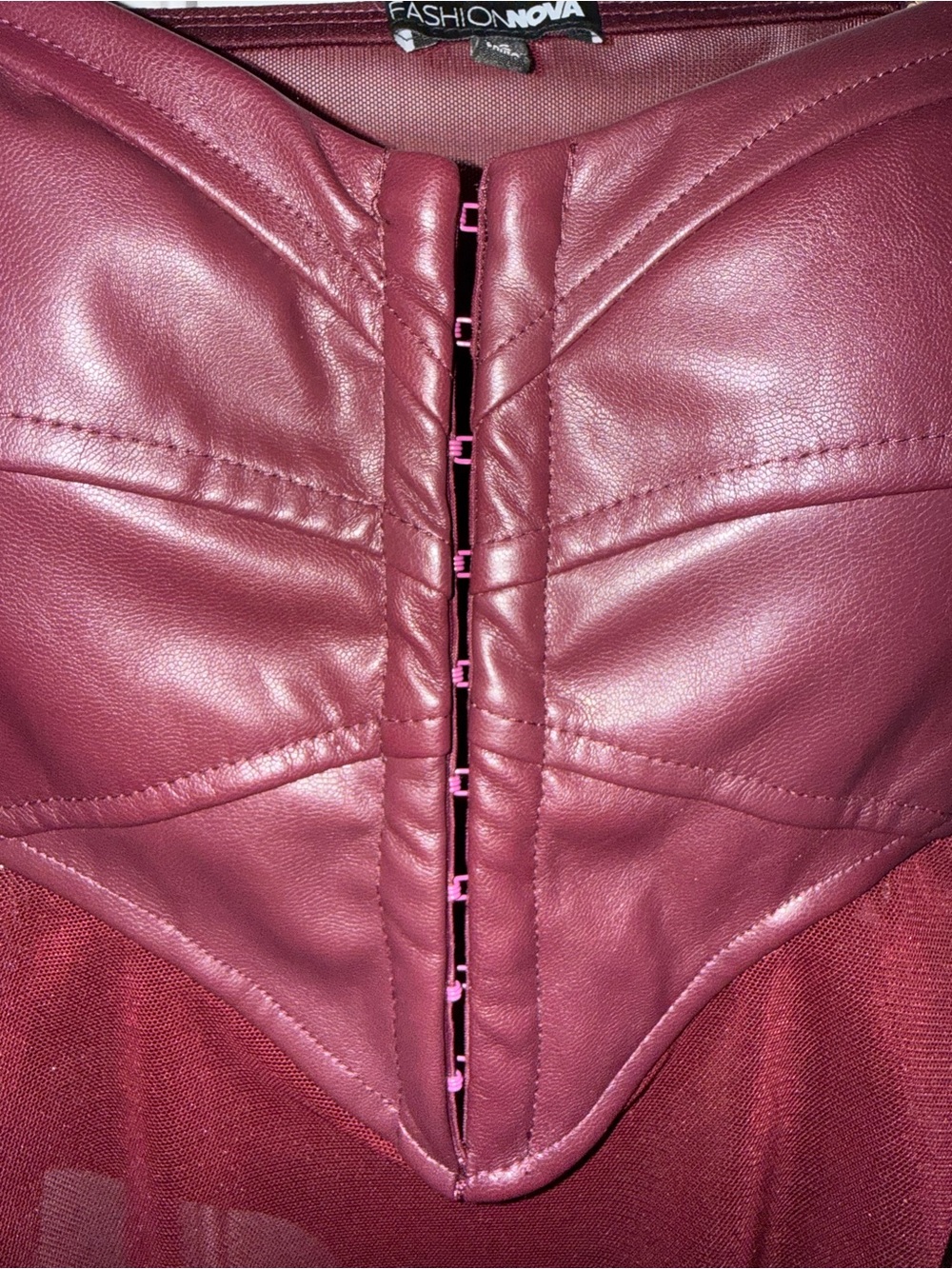 Fashion Nova Burgundy Faux Leather & Mesh Bodysuit - Picture 3 of 3